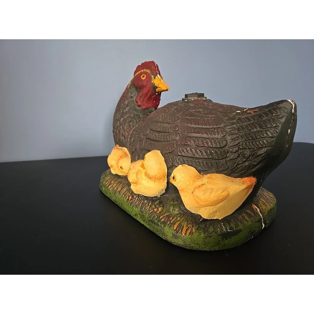 Vintage Cast Iron Painted Chicken Hen & Baby Chicks Metal Doorstop